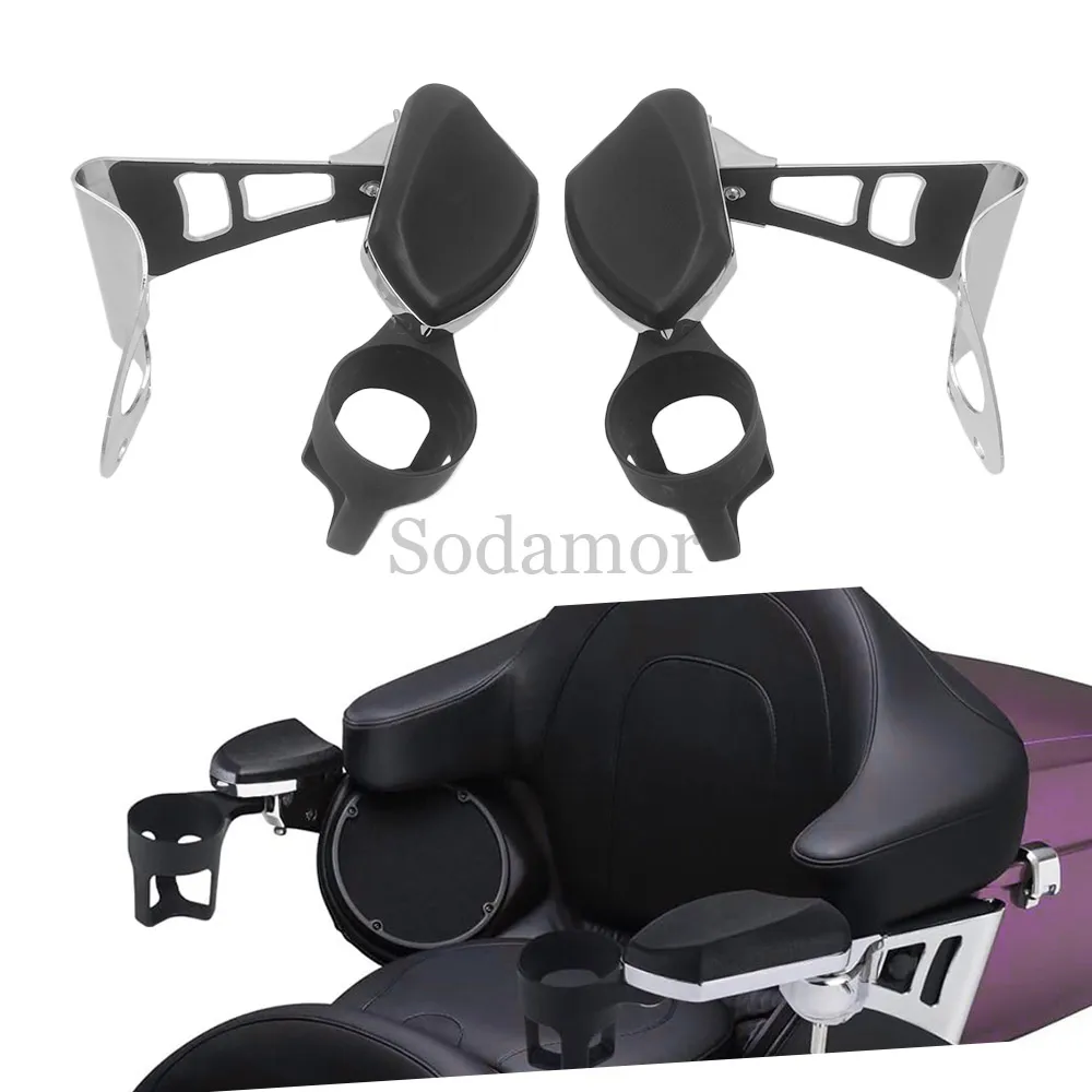 1 Set Rear Passenger Armrests With Drink Cup Holders For Harley Touring Electra Road Glide Ultra Tri Glides 2014-Up Motorcycle