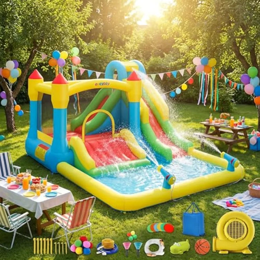 Outdoor/Indoor inflatable water bounce house for kids 3-12 PVC material blue and yellow triple slides with climbing wall ball p view 2