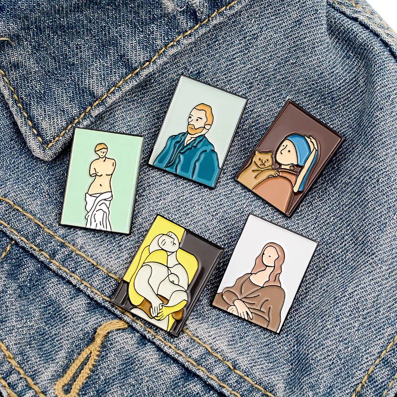 Oil Painting Enamel Pins Van Cartoon Gogh Picasso Mona Lisa Venus Artistic Brooches Shirt Lapel Buckle Jewelry Gift for Friends