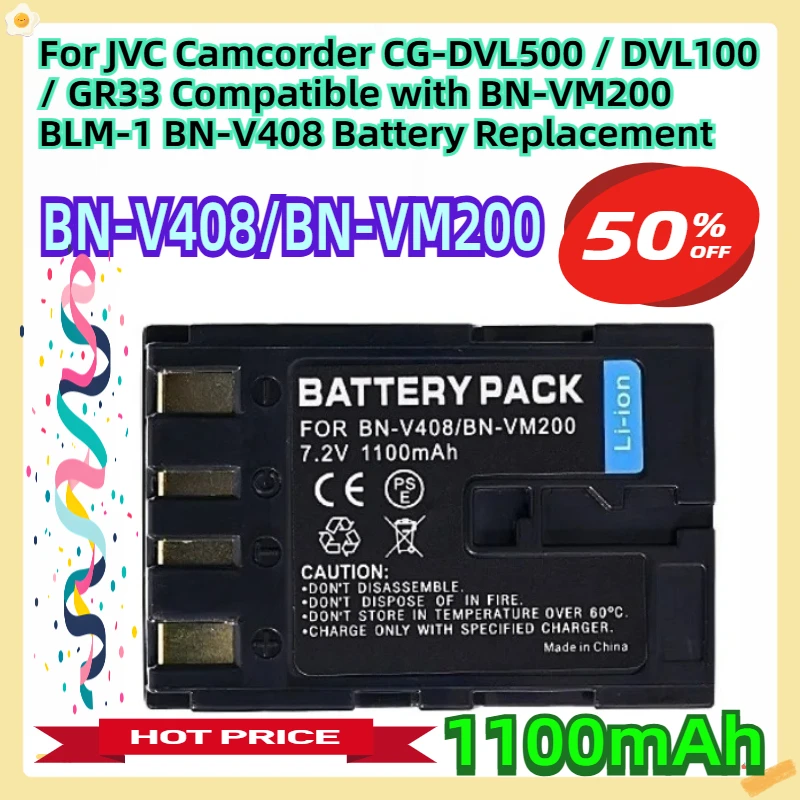 

For JVC Camcorder CG-DVL500 / DVL100 / GR33 Compatible with BN-VM200 BLM-1 1100mAh BN-V408 Battery Replacement