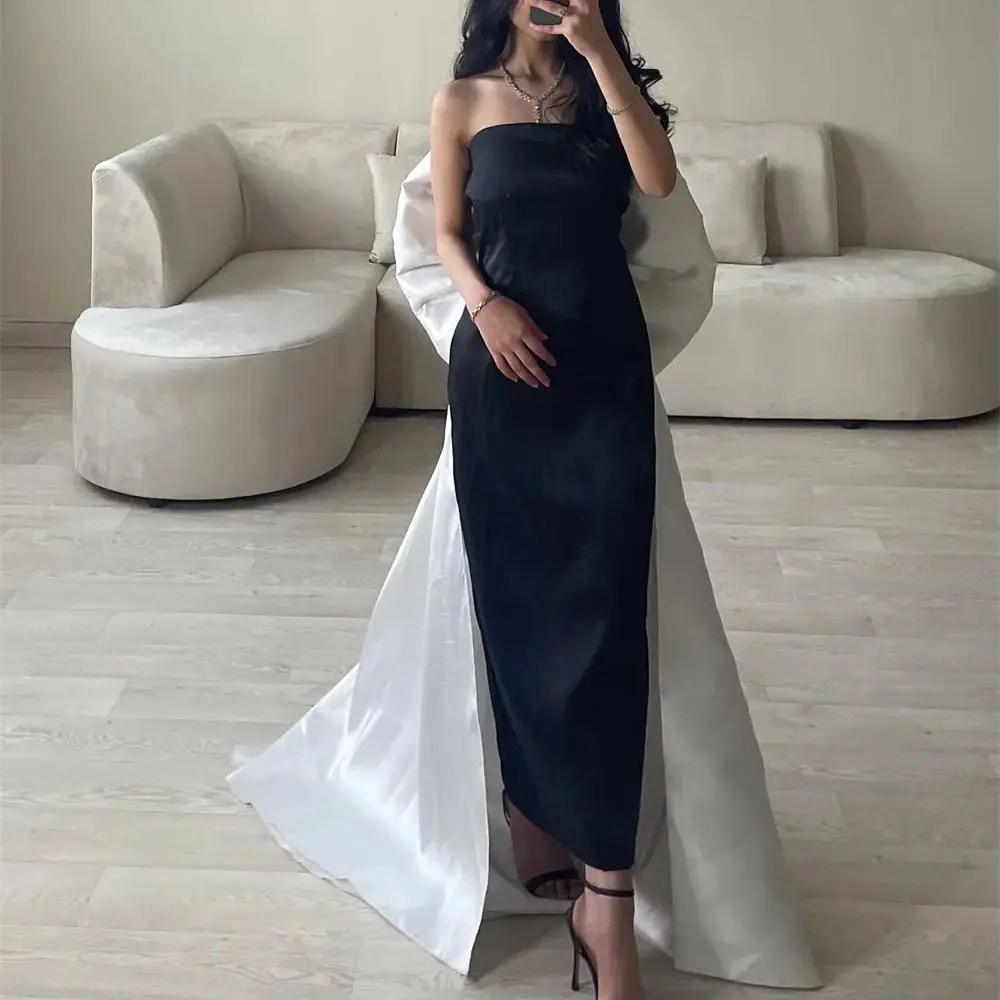 

Strapless Prom Gown Pleat Big Bowknot Backless Evening Dresses Satin Floor Length Sweep Train Party Dress فساتين للحفلات الراقصة