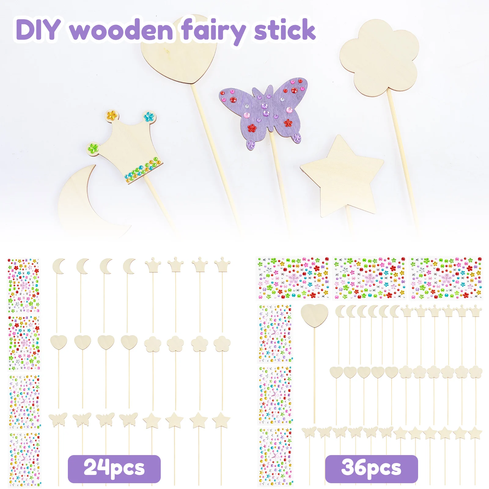 24/36Pcs Princess Fairy Wands Kit Include 6 Styles Unfinished Wood Princess Wand with Gem Stickers DIY Fairy Wand Craft Fun Wood