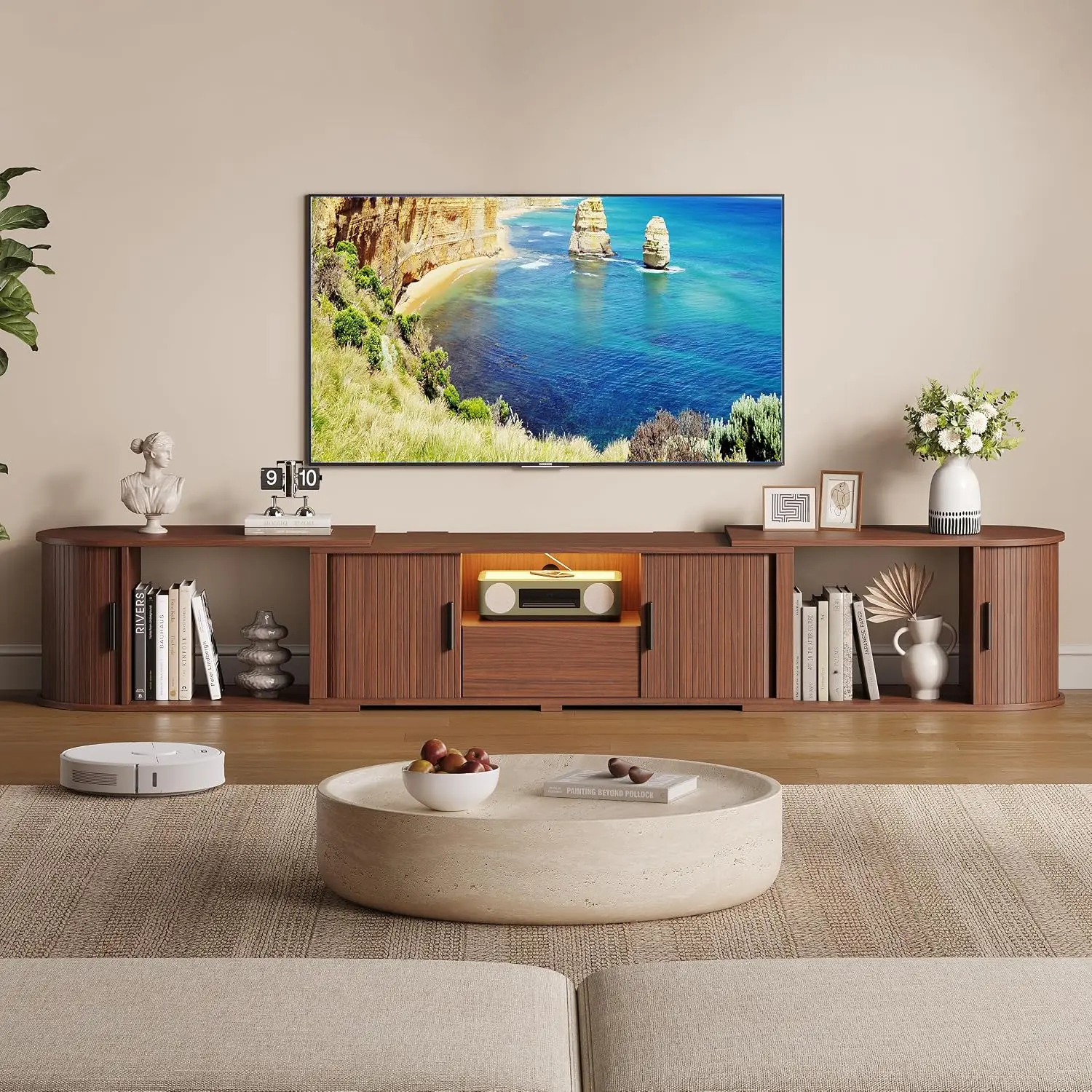 Expandable Free Standing TV Stand for 65 Inch TV, Rounded Corner Media Console with Sliding Tambour Doors, Drawer, Customized