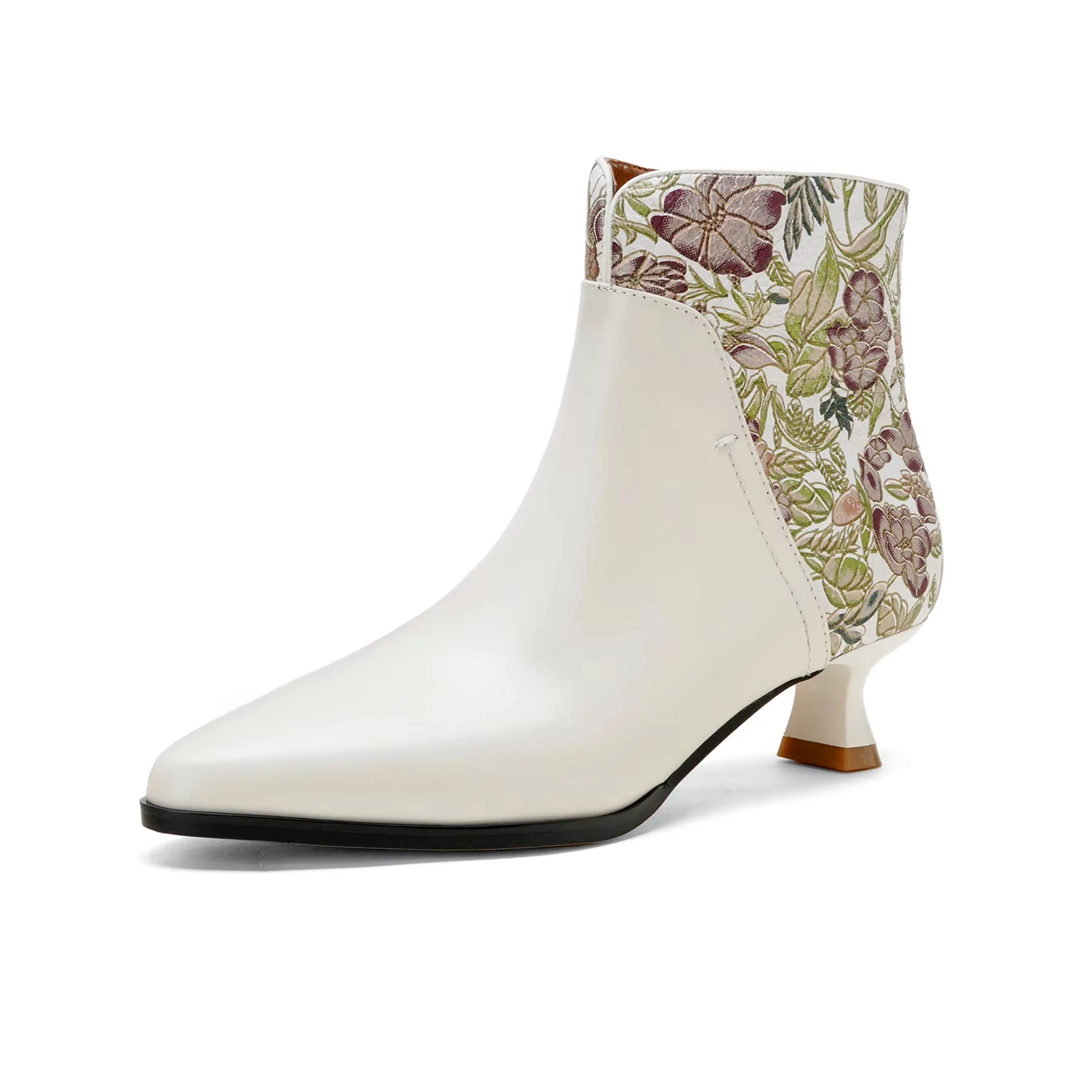 Plus Size 33-43 Cow Skin Pointed Toe Med Heels Zipper Modern Boots Embroidery Warm Winter Shoes Dating Flower Brand Ankle Boots