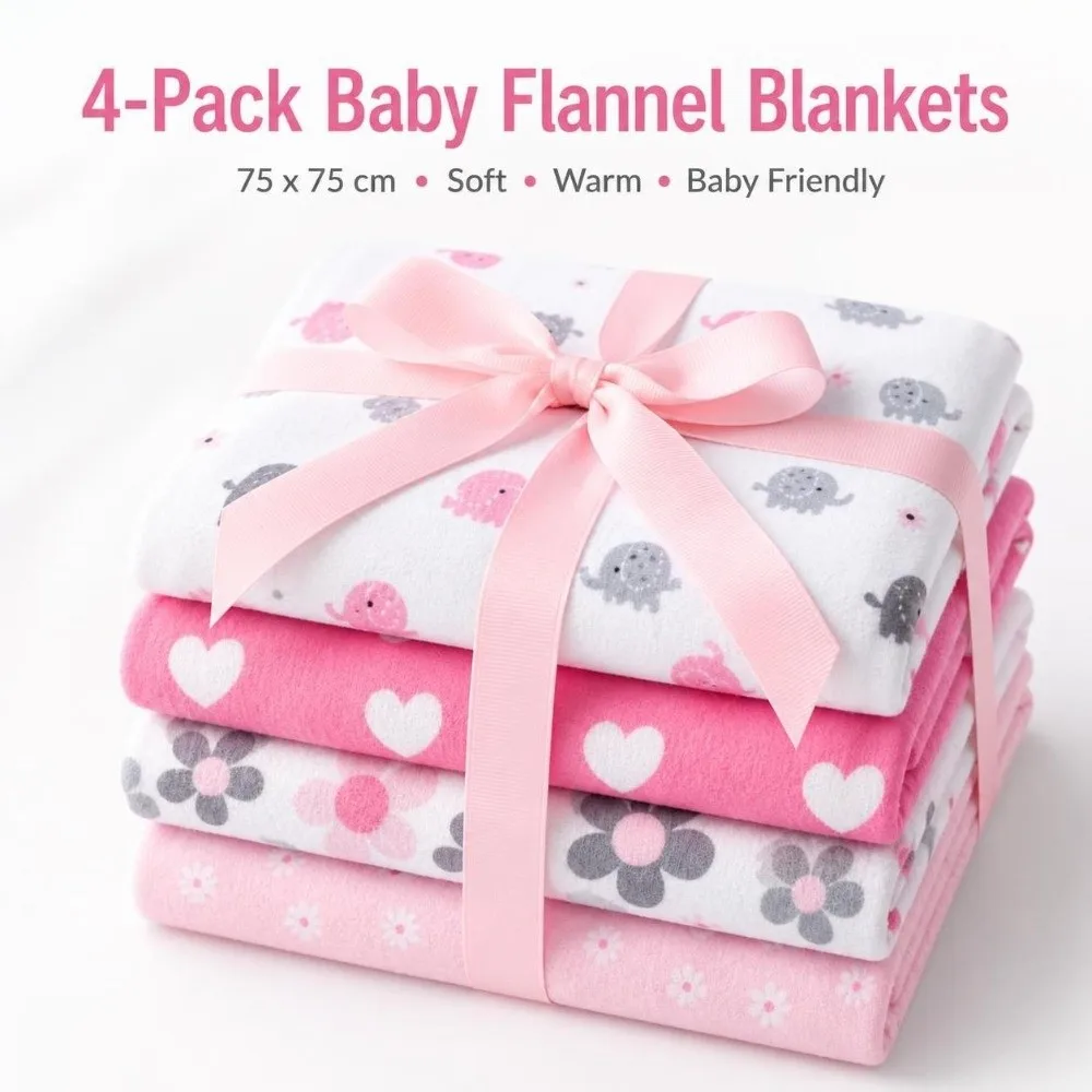 4Pcs Pack Flannel Receiving Baby Blanket Super Soft 76x76cm Newborn Baby Swaddle Printed Twill Weave Baby Swaddle Wrap