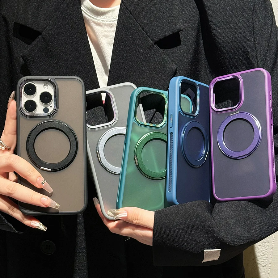 360° Rotate metal bracket magsafe charging phone case for iPhone 16 15 14 13 12 11 Pro Max Titanium gray magnetic hard cover