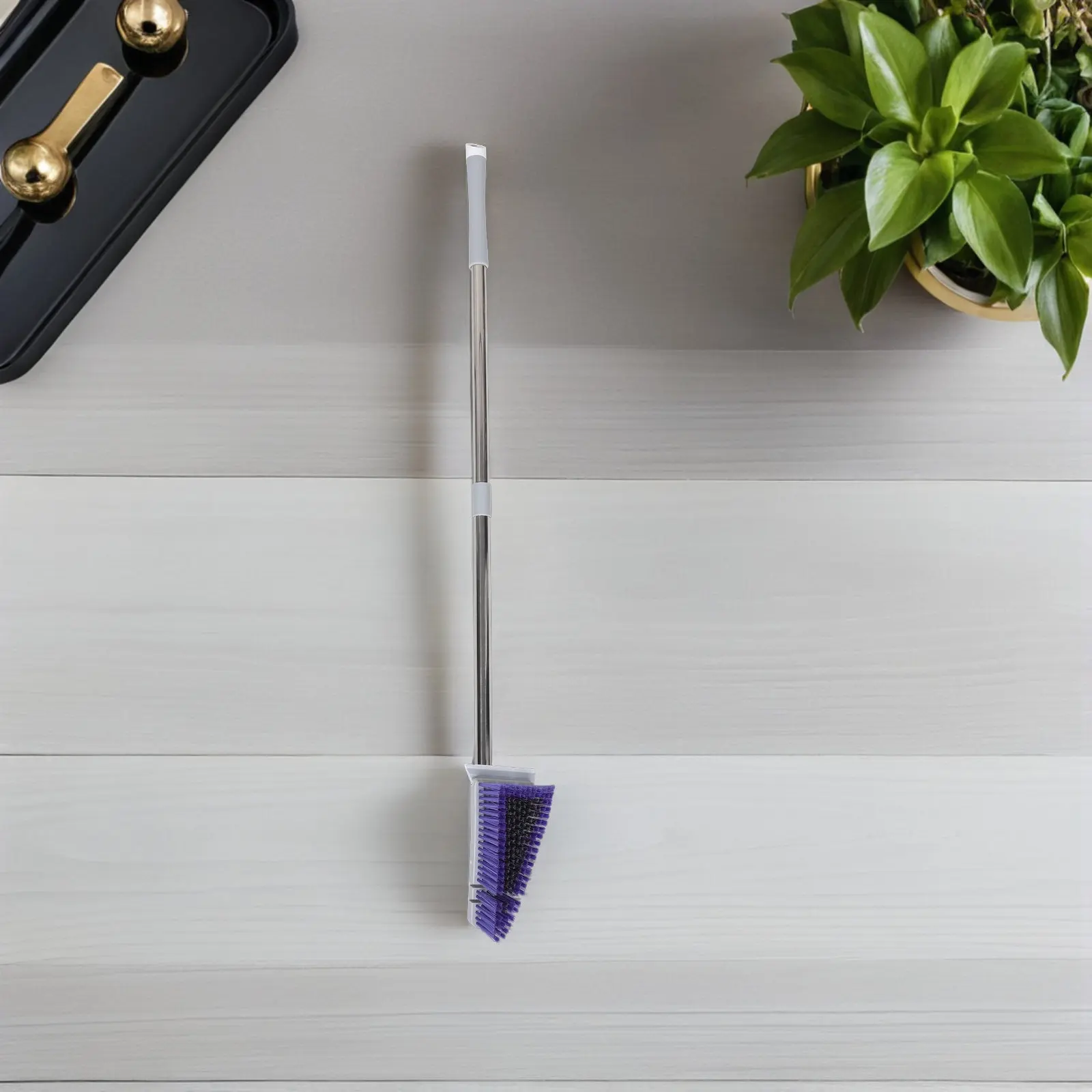 Floor Brush Scrubber Long Handle 34.3 Inch Triangle Scrub Brush with Built-in Squeegee 180 Degree Rotating for Bathroom Kitchen