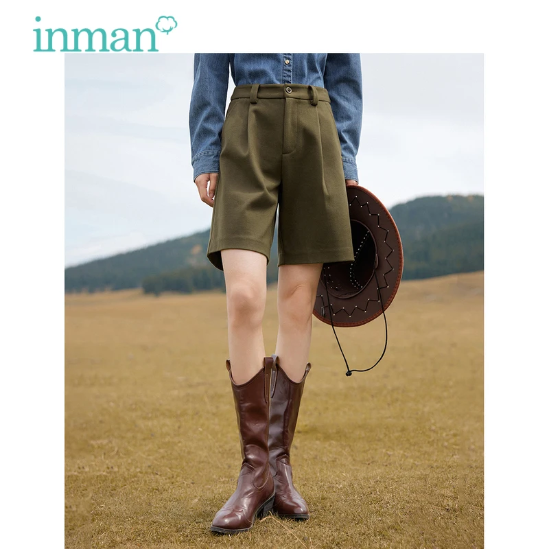 INMAN Women Shorts 2023 Winter Elastic Waist Straight Loose Trousers Fashion Casual Versatile Army Green Coffee Pants