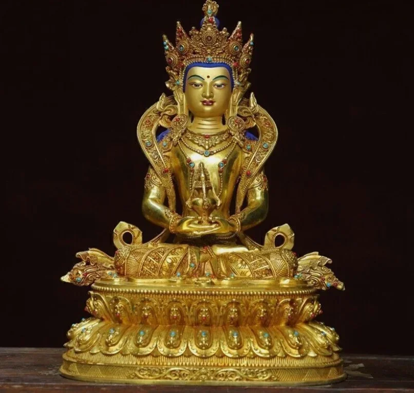 

12.8"Tibetan Buddhism Bronze Gilt Amitayus longevity God Goddess Buddha Statue
