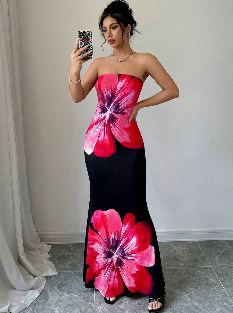 Moda tela de seda de leche estampado Floral vestidos largos sexis elegante sin espalda ceñido al cuerpo vestido Midi de cintura alta 2025 vacaciones de verano Boho