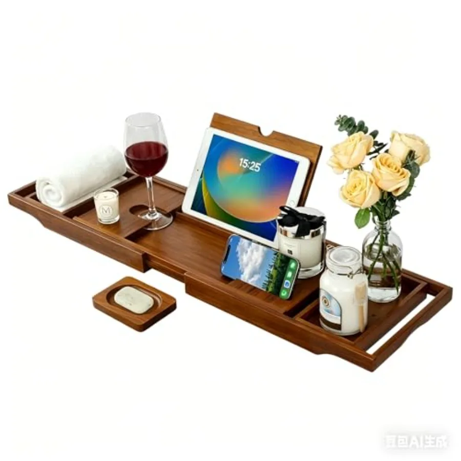 

Teak Bathtub Caddy Expandable Bath Tray Non‑Slip Luxury Tub Caddy with Wine Phone Tablet Holder Wooden Bath Accessory for Home
