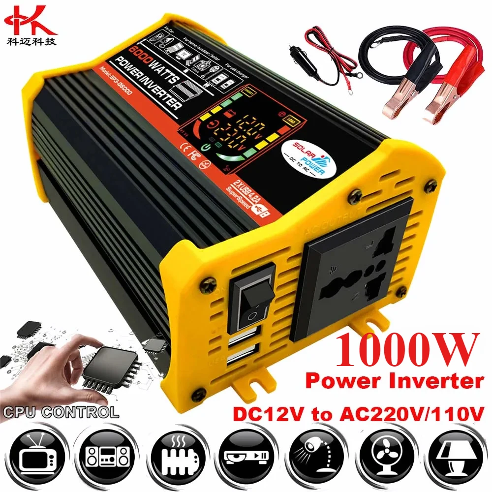 

Car Power Inverter DC 12V to AC 110V 220V 500W Peak 1000W Protection 6000W Solar Transformer Modified Sine Wave Converter Charge