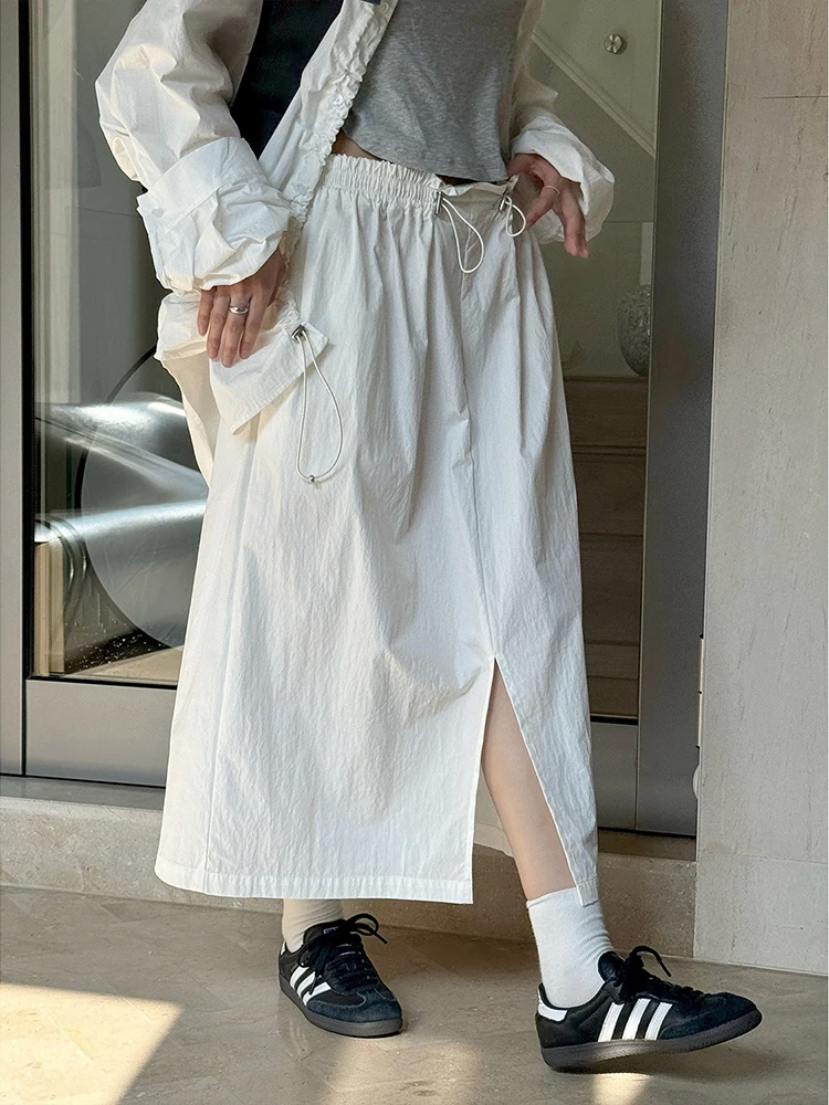 [LANMREM] Designer Drawstring Split Skirt Women Elastic High Waist Office Lady Skirts Fashion Clothing 2024 Autumn New 26D9685