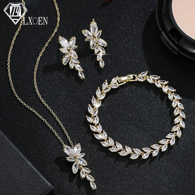 LXOEN Classic Luxury Gold Color Bling Leaf Cubic Zirconia Jewelry Sets for Wedding Brides Women Shiny Necklace Earrings Bracelet