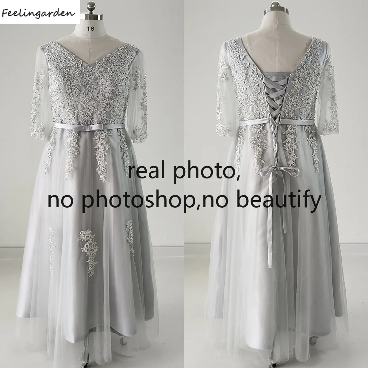 

Feelingarden Real Photo Evening Dress Gray Appliques V-neck Half Sleeves Lace up A-line Floor Length Plus size Party Formal Gown