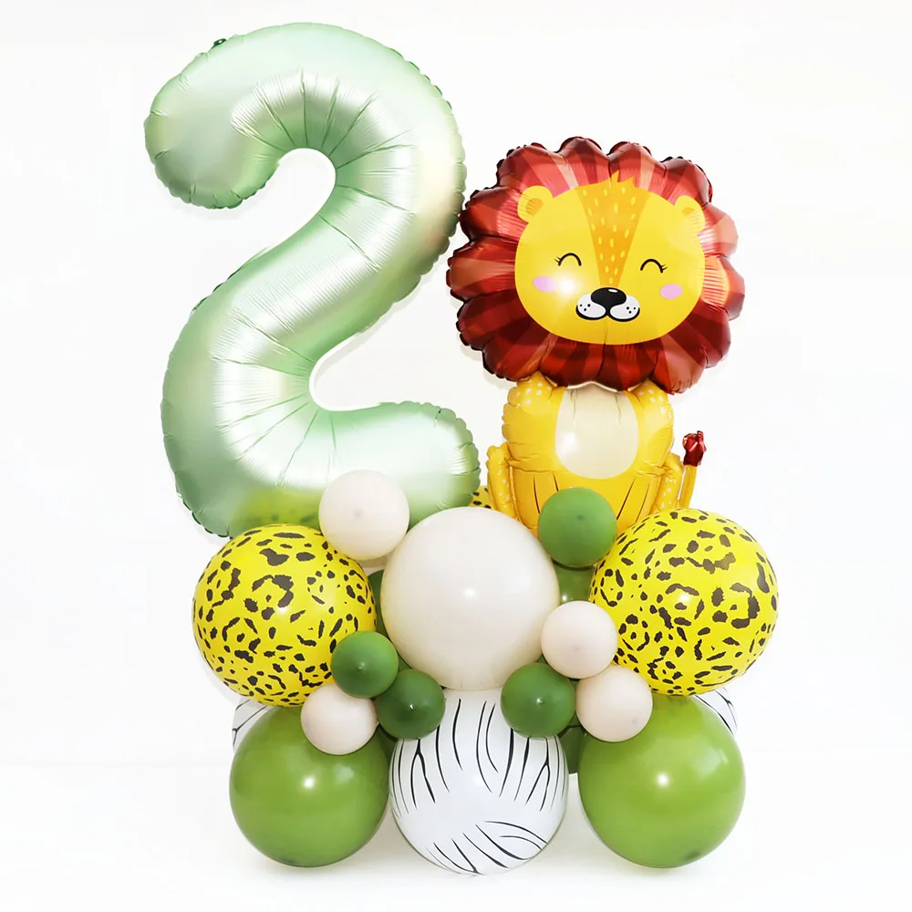 35pcs/set Jungle Safari Animal Olive Green 32inch Number Balloons Set Kids 1 2 3 4 Years Wild One Birthday Party Decorations