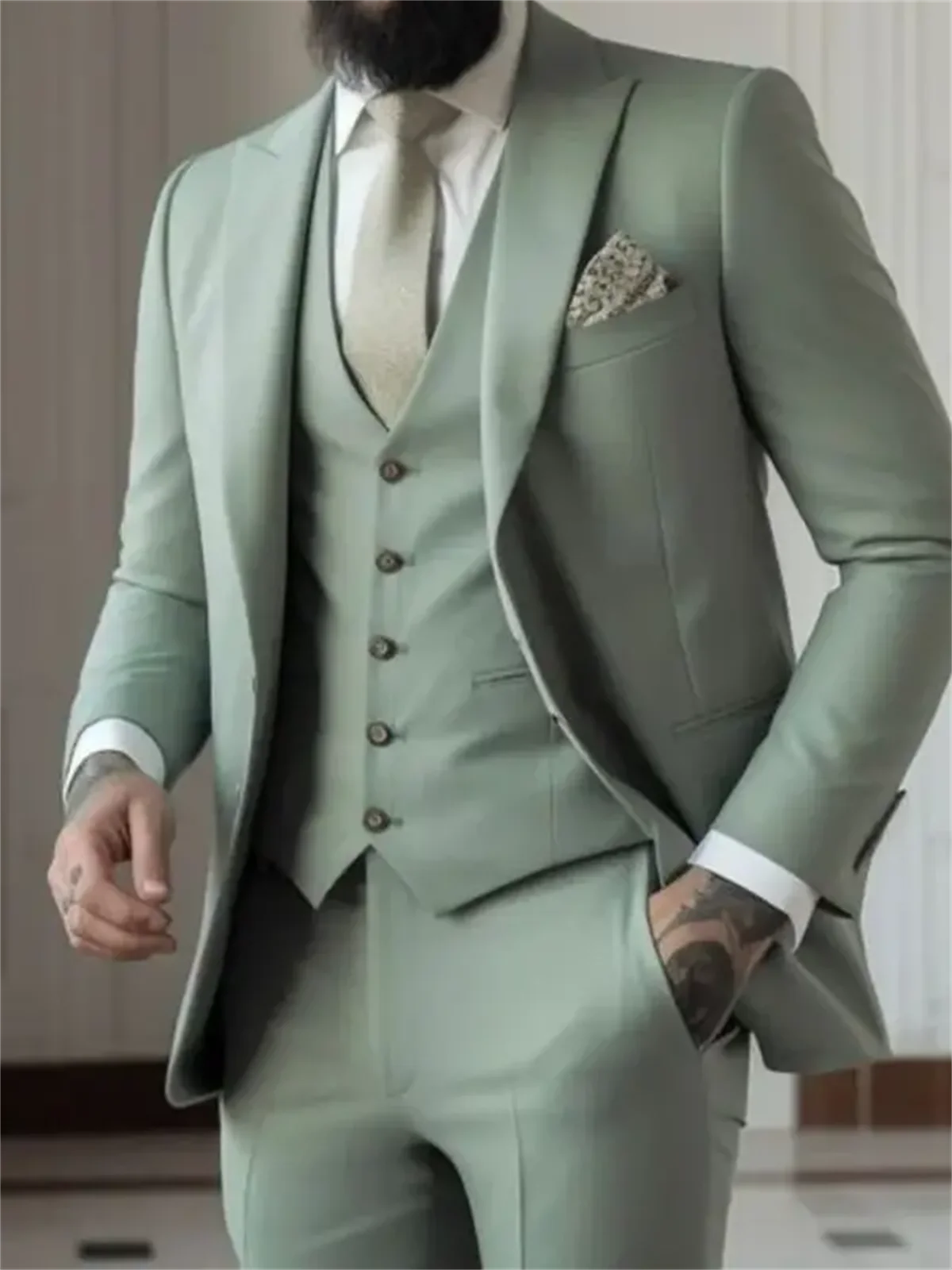 3 Piece Sage Green Men\'s Slim Fit Suits (Jacket+Vest+Pant) Wedding Groom Tuxedos Prom Formal Male Party Blazers Traje Hombre