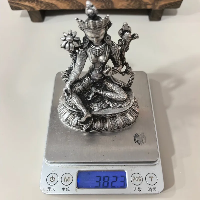 Vintage Alloy Silver‑plated Green Tara Statue Tibetan Buddhism Goddess Figurine Meditation Desktop Collectible Decor Ornament