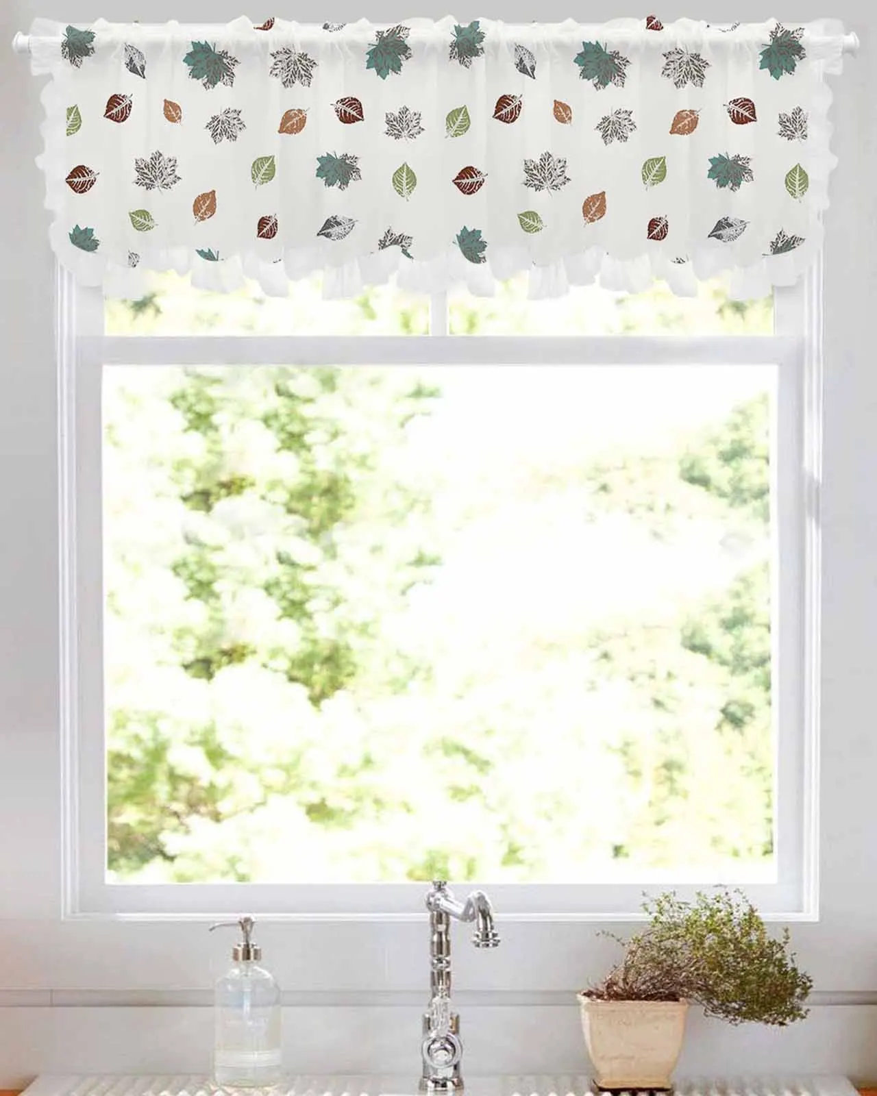 Leaf Abstract Deciduous Short Tulle Half Curtains for Living Room Kitchen Door Cafe Window Sheer Valance Drapes