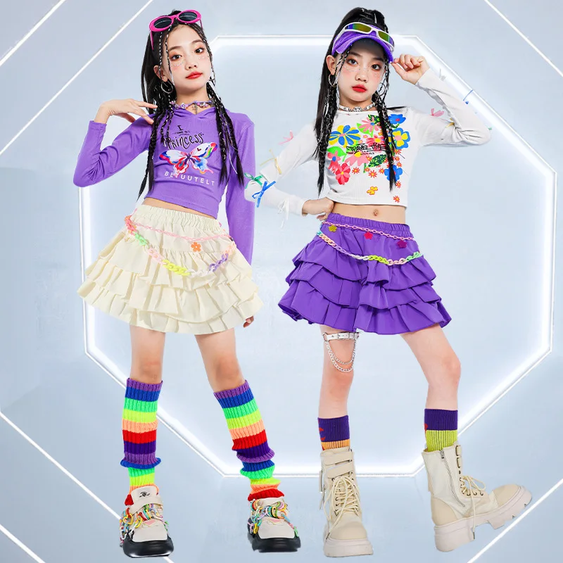 Mädchen Hip Hop K-Pop Crop Hoodies Street Dance Cargo Hosen Kinder Streetwear Tiered Röcke für Kind Jazz Lila Kostüm Sets