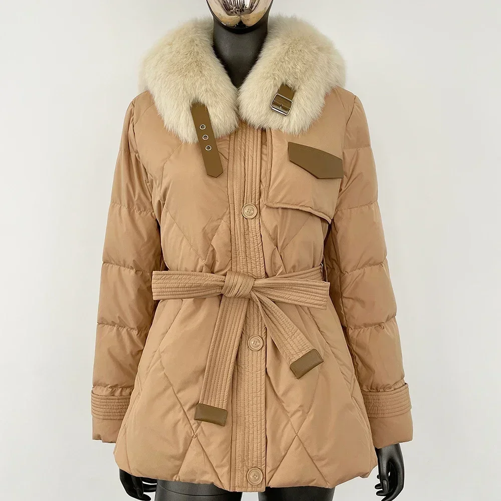 White Duck Down Jacket Fashion Down Lace-up with Fox Fur Collar Thickened Warm Jacket Women Autumn Winter Real Fur Coat Real Fur