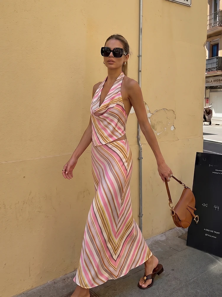 HH Y2K Striped Satin 2 Piece Co-Ord Women's Halter Neck Tie Back Top & Long Skirt Sexy Summer Going Out Vacation Party Outfit view 5