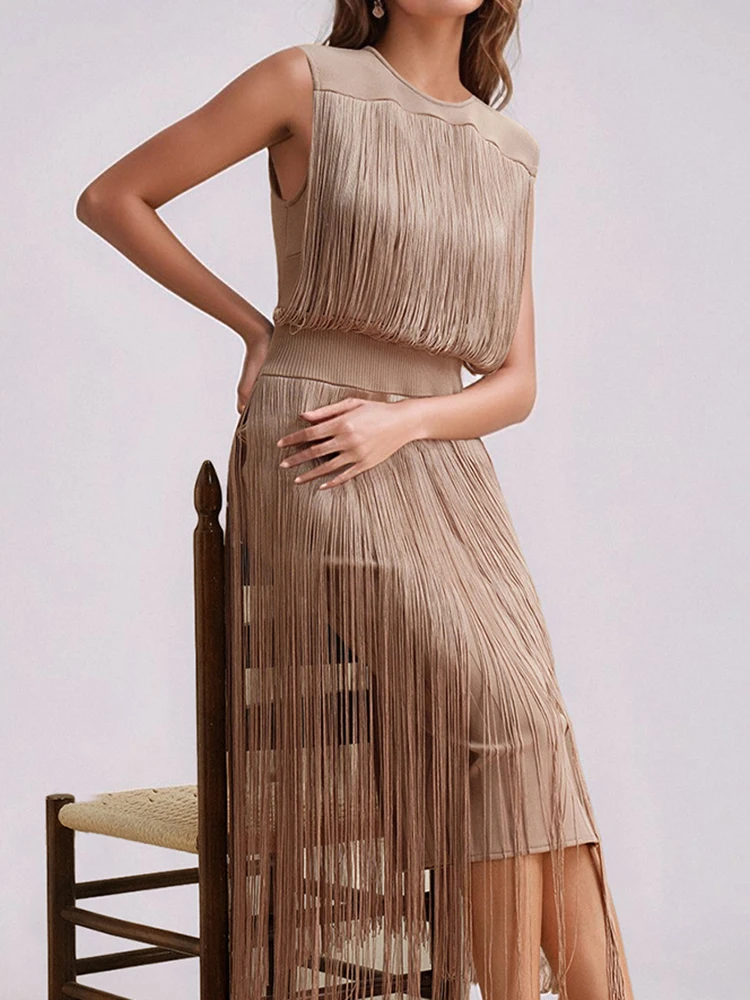 Vestido acampanado ajustado de Color sólido con borlas a la moda Primavera Verano Casual 2026 nuevo vestido largo para mujer vestidos de fiesta sin mangas con cuello redondo