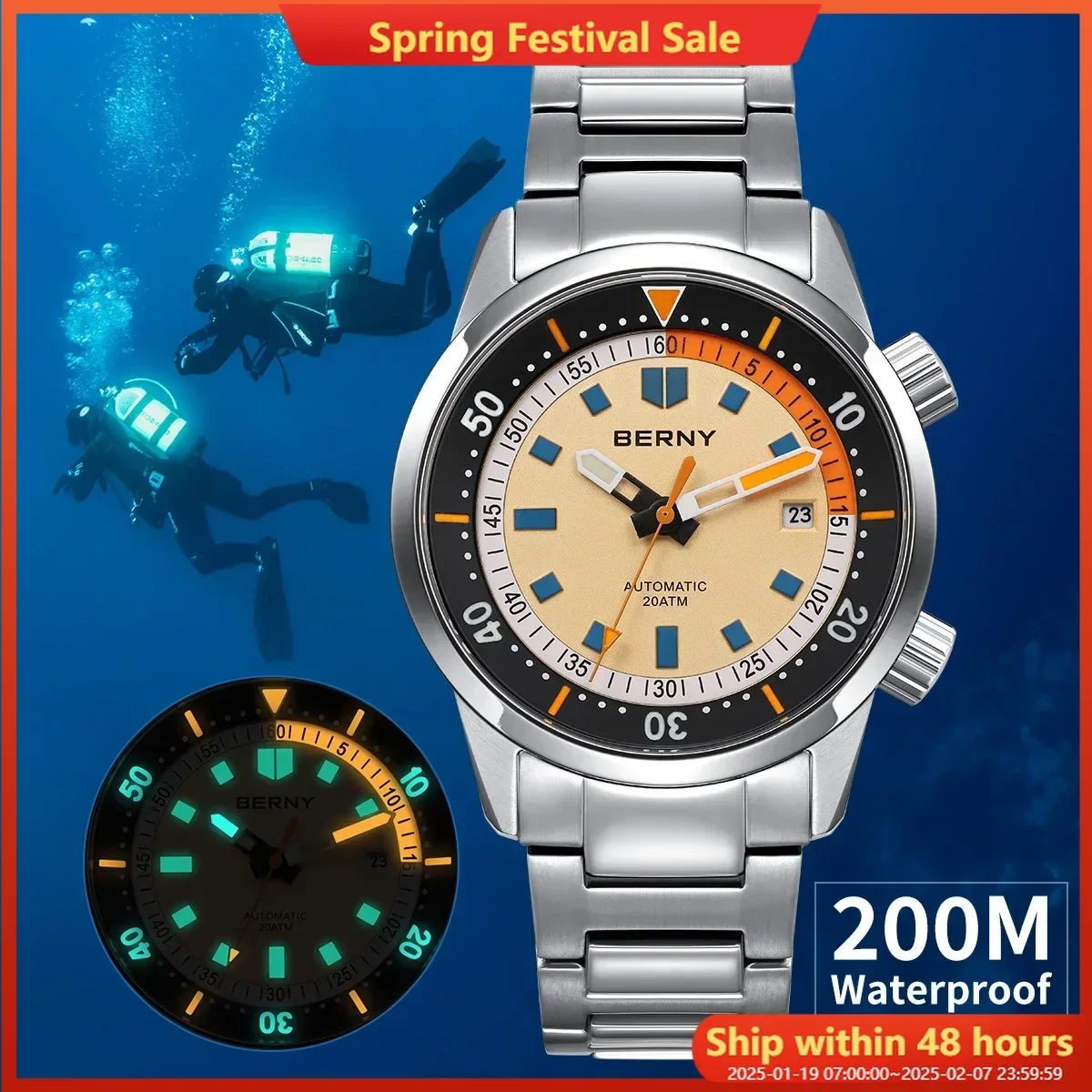 BERNY Automatic Diving Watches for Men 20AMT Super Luminous Mechanical Men's Diver Watch Sapphire Full Stainless Steel Dive