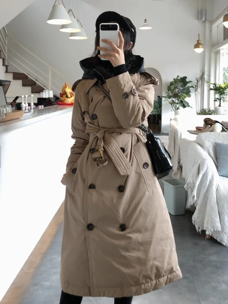 

90% White Duck Down Jackets And Coat With Hooded For Winter Puffer Coats Hooded Double Breasted Casual Long Trench Parkas