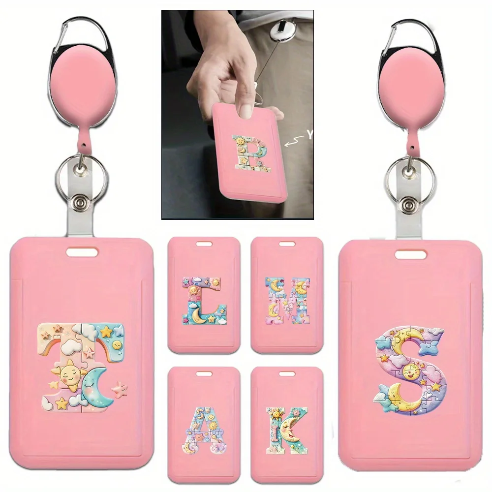 

Plastic Simple ID Badge Clip With Keychain Clip Identity Card Cover Employee Work Badge Protector Saw Puzzle Letter Pattern