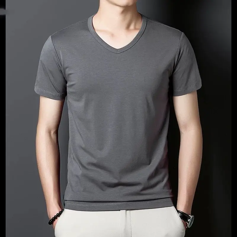 

Ice Silk V-Ne ort Sve Men's T-irt Summer Modal Cotton Color Cool Feeling f Sve Thin Elastic Body irt Q...