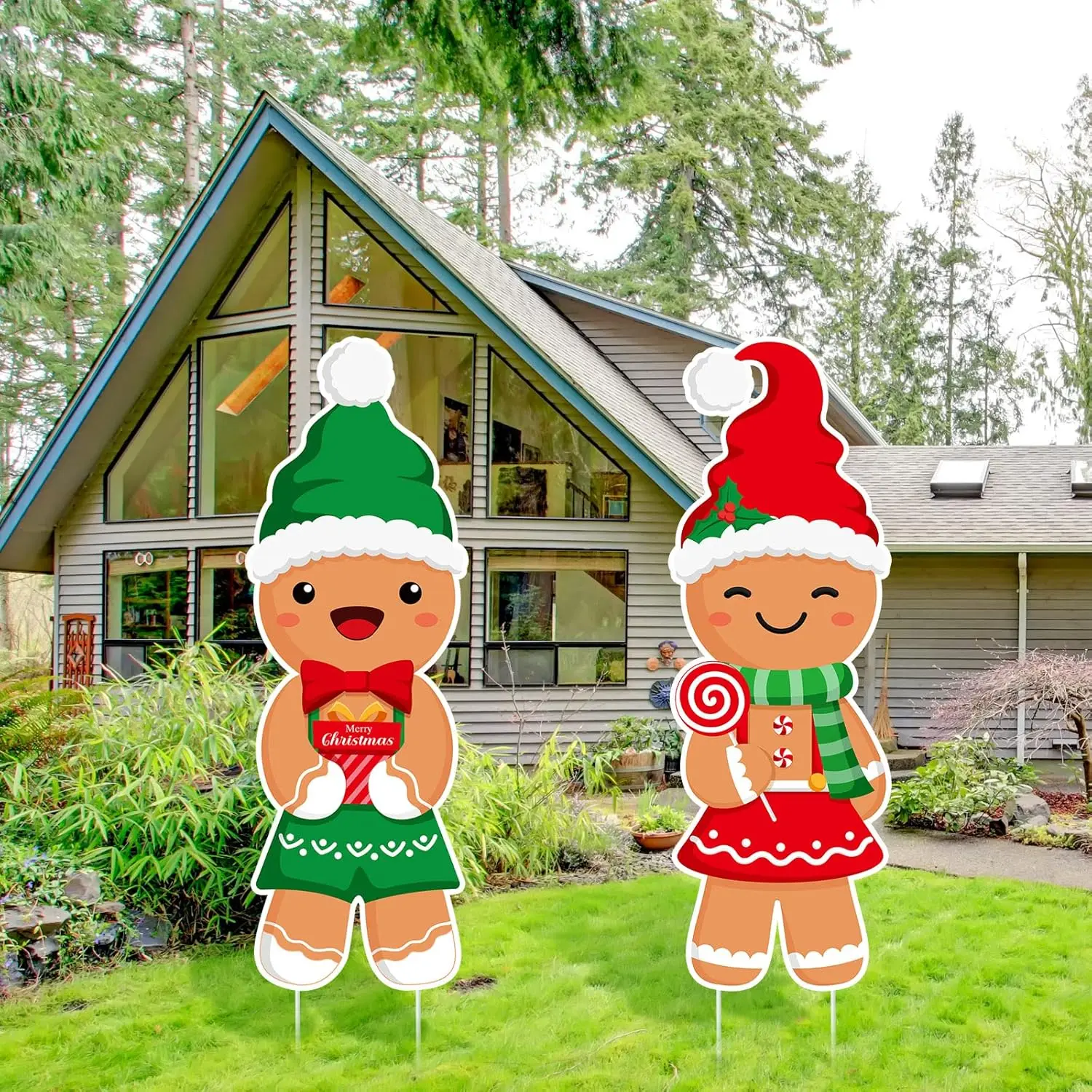 2 Pack Christmas Yard Signs Outdoor Christmas Gingerbread Lawn Signs with 12 Stakes Gingerbread Man Yard Stakes Xmas Sign for La
