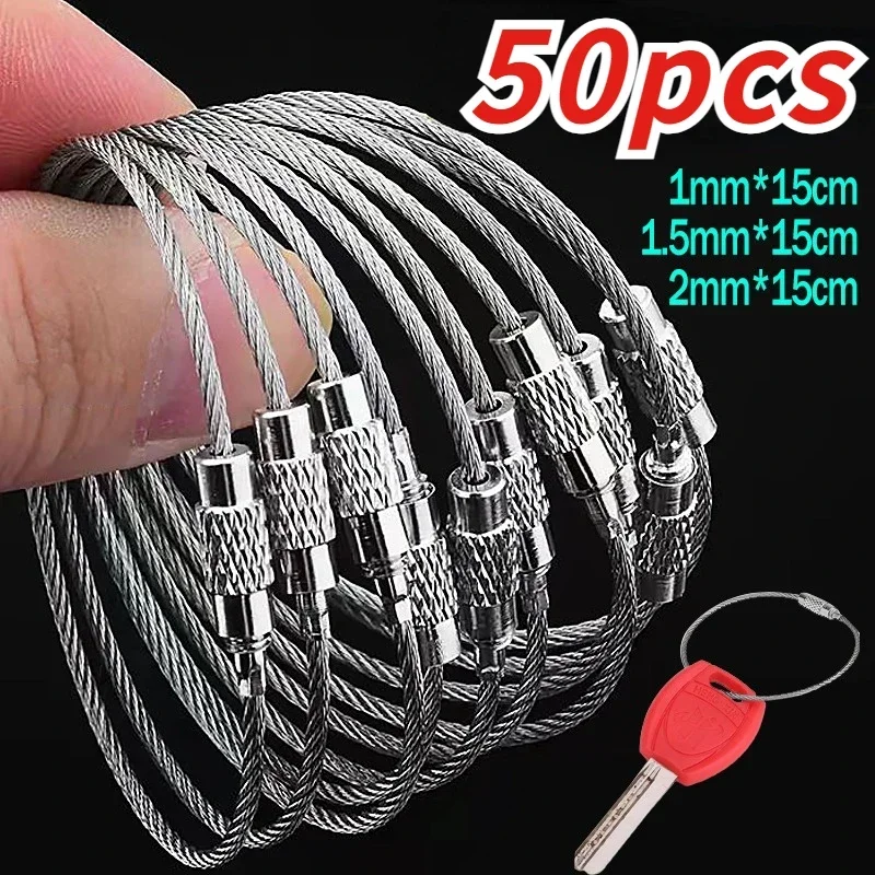 Metal Keychain Tag Ropes Stainless Steel Wire Cable Loop Screw Lock Gadget Ring Key Keyring Circle Camp Hanging Tool Hardware