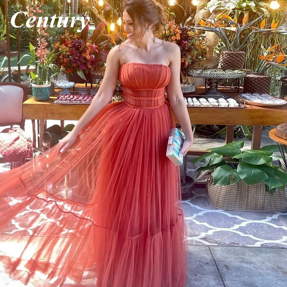 

Century New Dark Orange Long Prom Dresses Strapless Pleats Arabia Evening Party Dress Tiered Skirt Women Formal Prom Gowns 2022