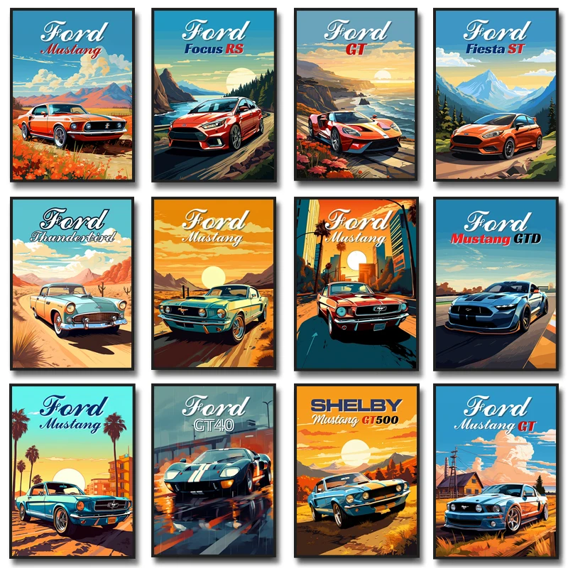Luxury Car Ford Mustang Ford GT Poster Sports Car Canvas Painting Super Car Wall Art Print Picture for Living Room Home Decor