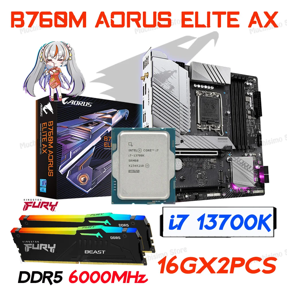 intel i7 13700K LGA1700 Processor Kit Gigabyte B760M AORUS ELITE AX DDR5 Intel B760 Motherboard Combo Kingston DDR5 Memory New