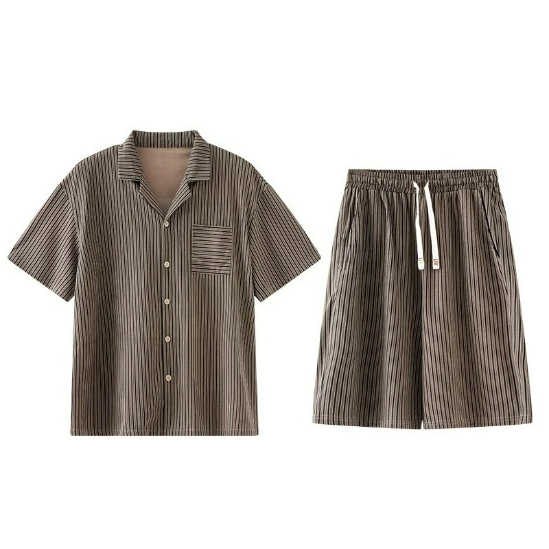Pajamas Men's Summer Short-sleeved Cardigan Pure Cotton Striped Can Be Worn Outside Loungewear Suit Temperament Fashionable