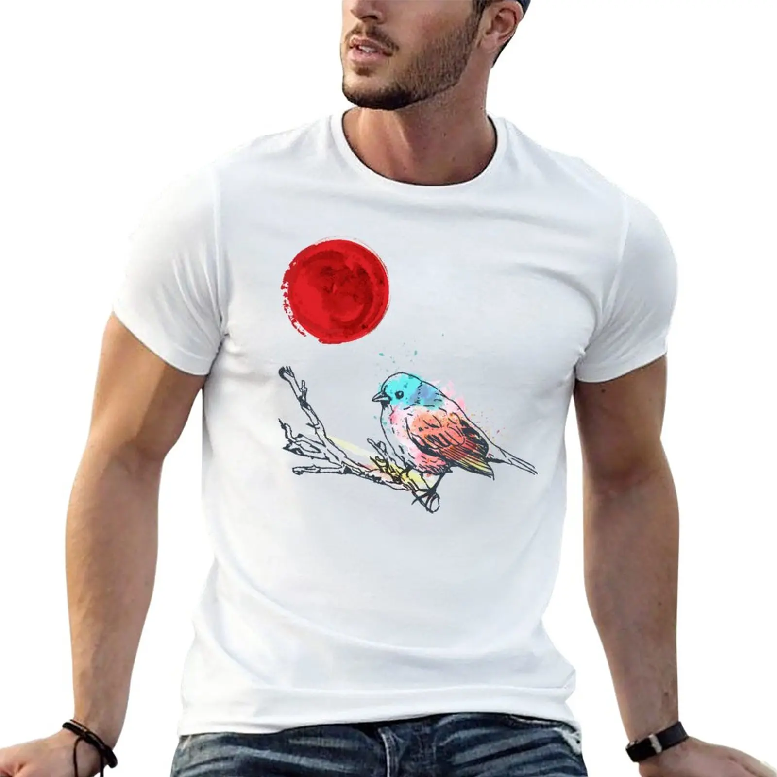 Colourful Art Bird On Tree and Japanese Red Moon Style T-Shirt graphics t shirt cute tops sublime t shirt mens workout shirts