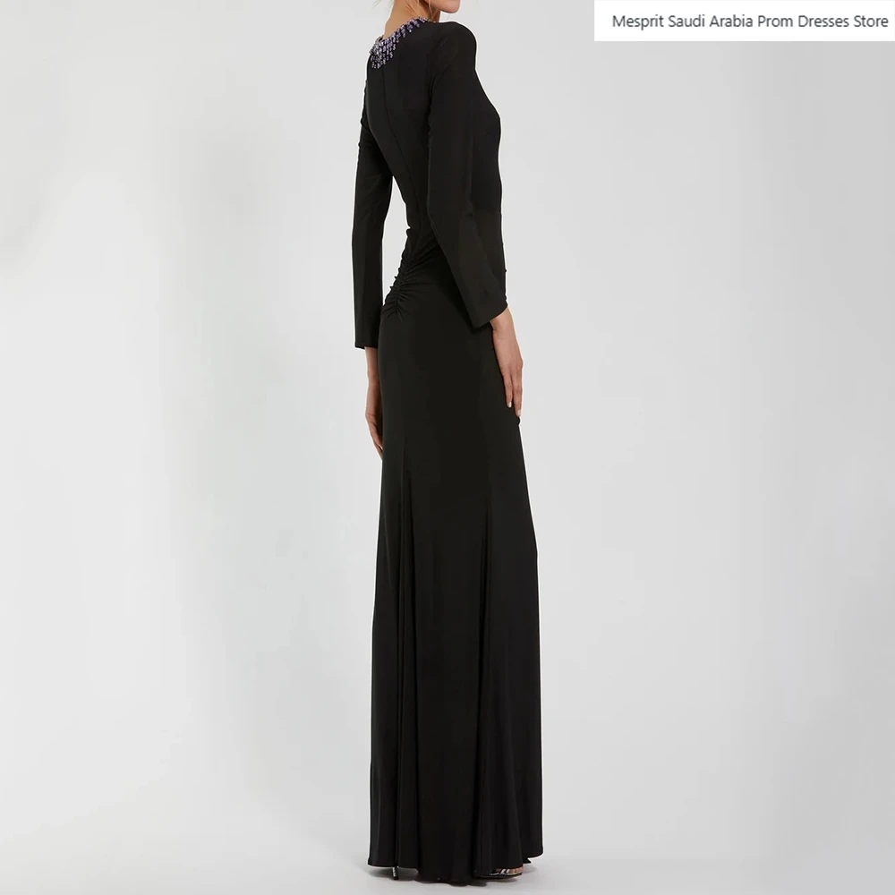Vestidos de Noche negros de corte A para mujer, vestido de fiesta de manga larga con cuello redondo hasta el tobillo, vestidos personalizados drapeados simples de cristal a la moda