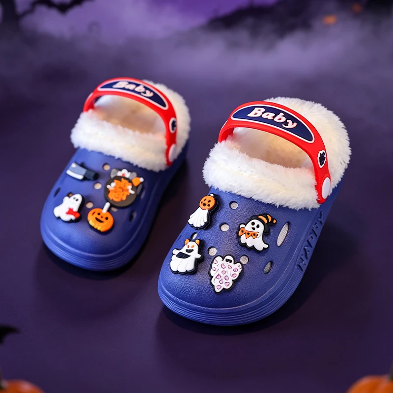 Niedliche Halloween-Geister-Kürbis-Dekoration, gefütterte Clogs für Kleinkinder, warme, rutschfeste Hausschuhe für Jungen und Mädchen. – Detail 9