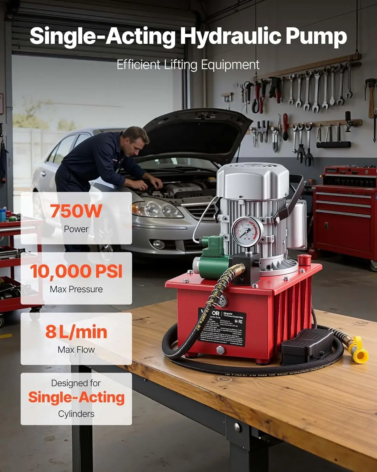 VEVOR Electric Driven Hydraulic Pump, 750W 10,000 PSI, 120V Single Acting Hydraulic Pump Power Pack Unit, Solenoid Valve with Pe