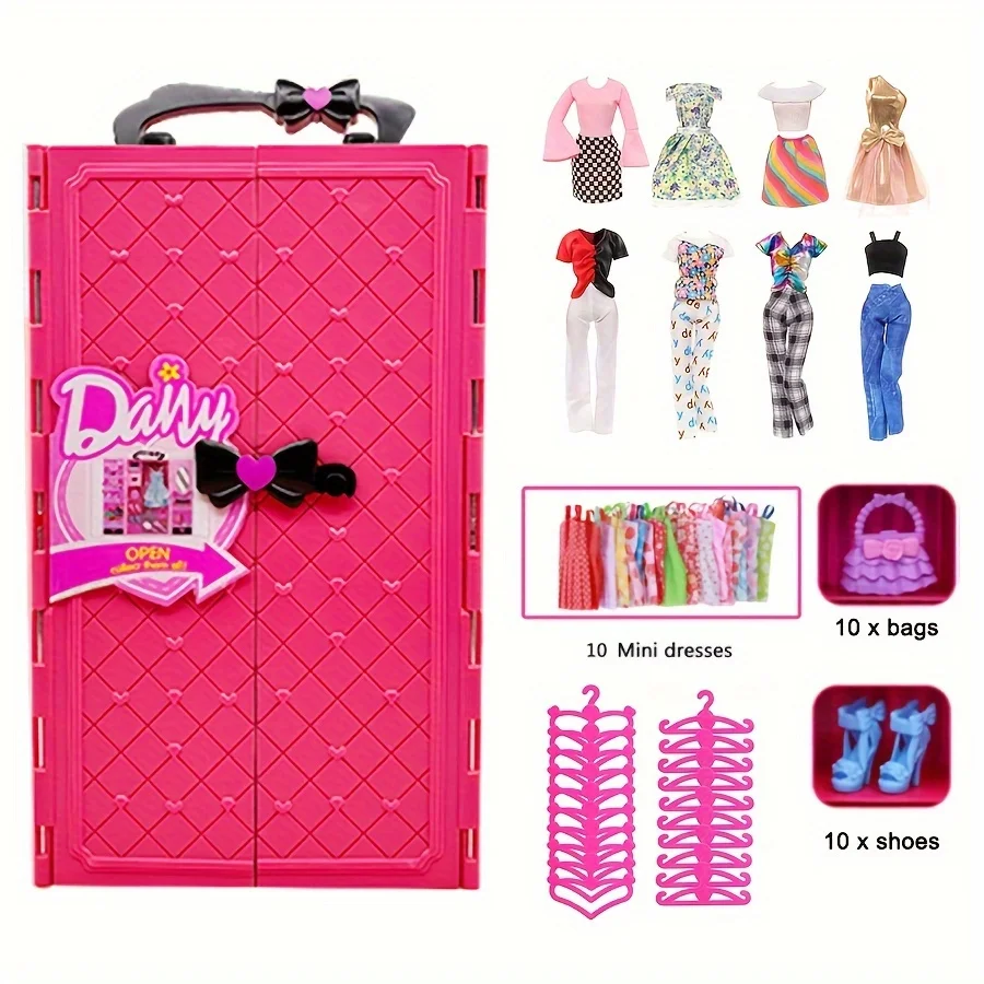 55PCS Wardrobe Set Doll Closet with Fashion Accessories Clothes Dress Hanger Bags Shoes for 30cm Barbie Doll Christmas Gift