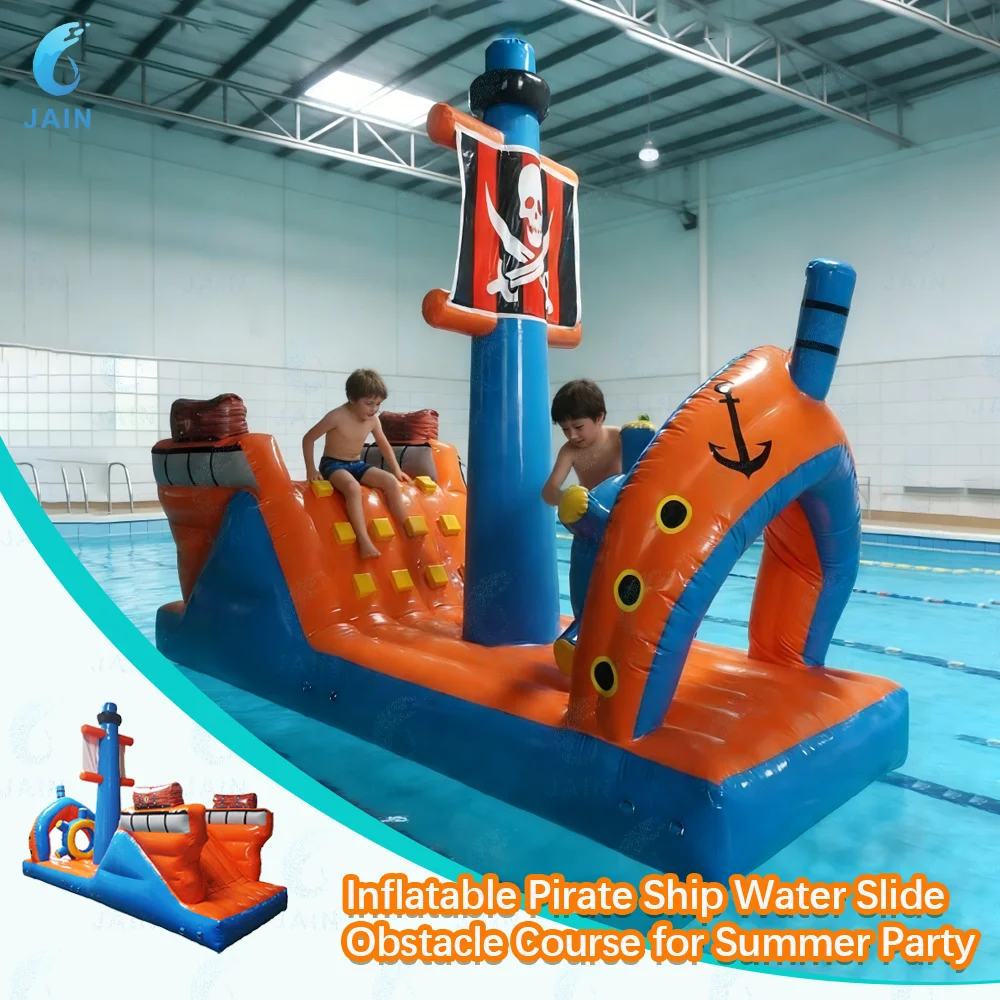 Inflatable Pool Obstacle Course Pirate Ship Themed Water Slide with Climbing Wall Floating Inflatable Water Park for Kids Adults