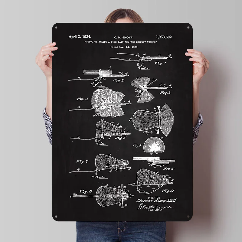 1934 Fish Bait Patent Art Tinplate Poster Custom Wall Art Vintage Metal Signs Retro Tin Plaque for Living Room Decorations Decor
