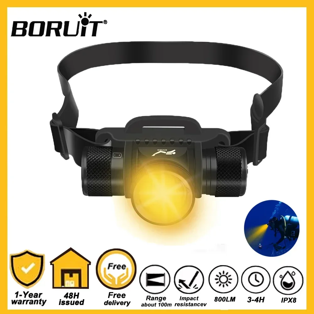 BORUiT HP900 Diving Headlamp 800LM IPX8 Waterproof Aluminum Alloy Headlight 18650 Battery for Fishing Camping Outdoor Use