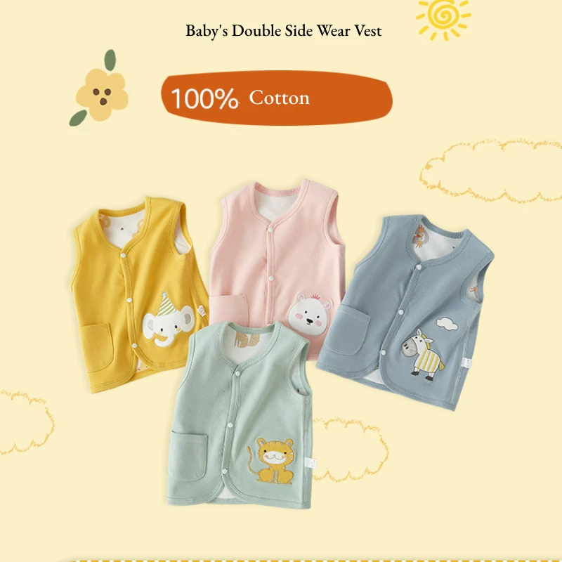 Newborn Kids Autumn Winter Cotton Pink Vest Double Side Wear Infant Baby Boy Girl Cartoon Printed Sleeveless Cardigan Vest Tops