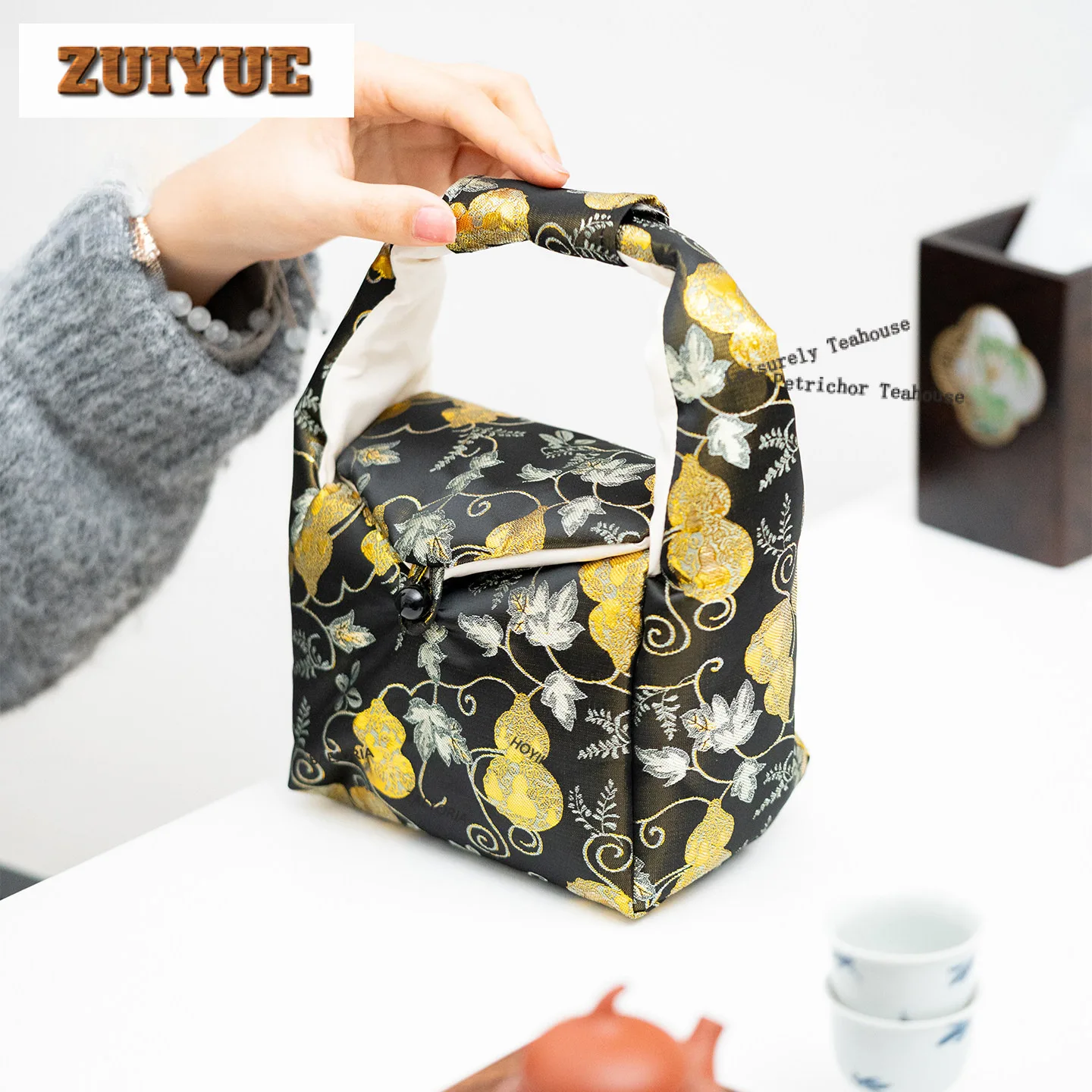 Gourd Brocade Cotton Cloth Tea Cozies Luxury Tea Cozy For Teapot Portable Bag Travel Tea Set Bag Tea Ceremony Collection Craft view 4