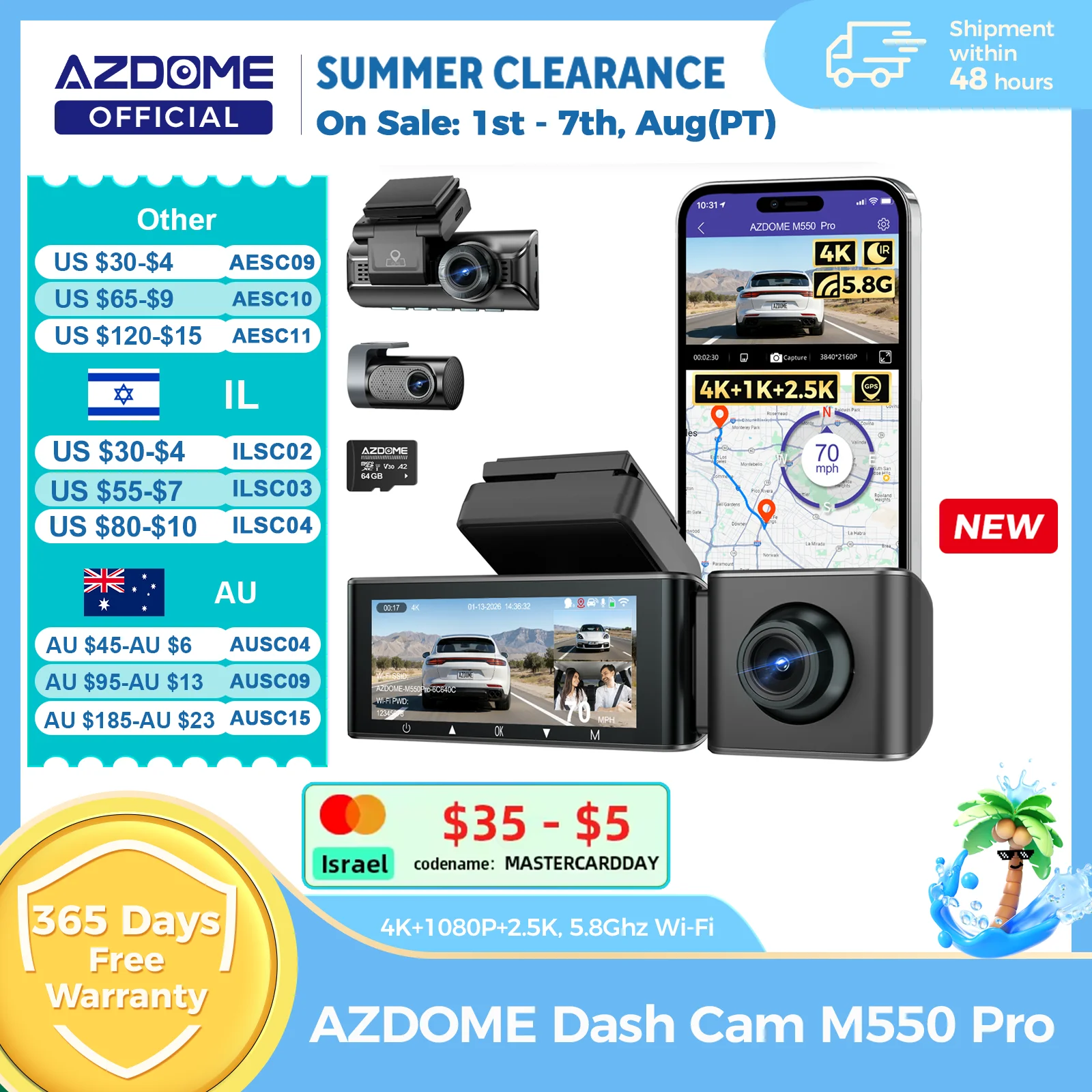 AZDOME M550 Pro 대시 캠 자동차 DVR 5.8Ghz WiFi 3.19