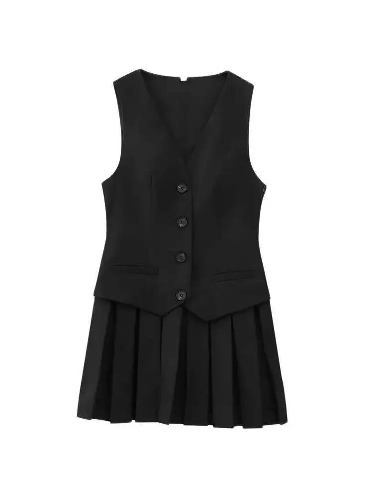 Women's V-Neck Sleeveless Pleated Mini Dress Fashion Front Button Female Vestidos Mujer Tank Mini Dress Tops 2025 New 5XX1