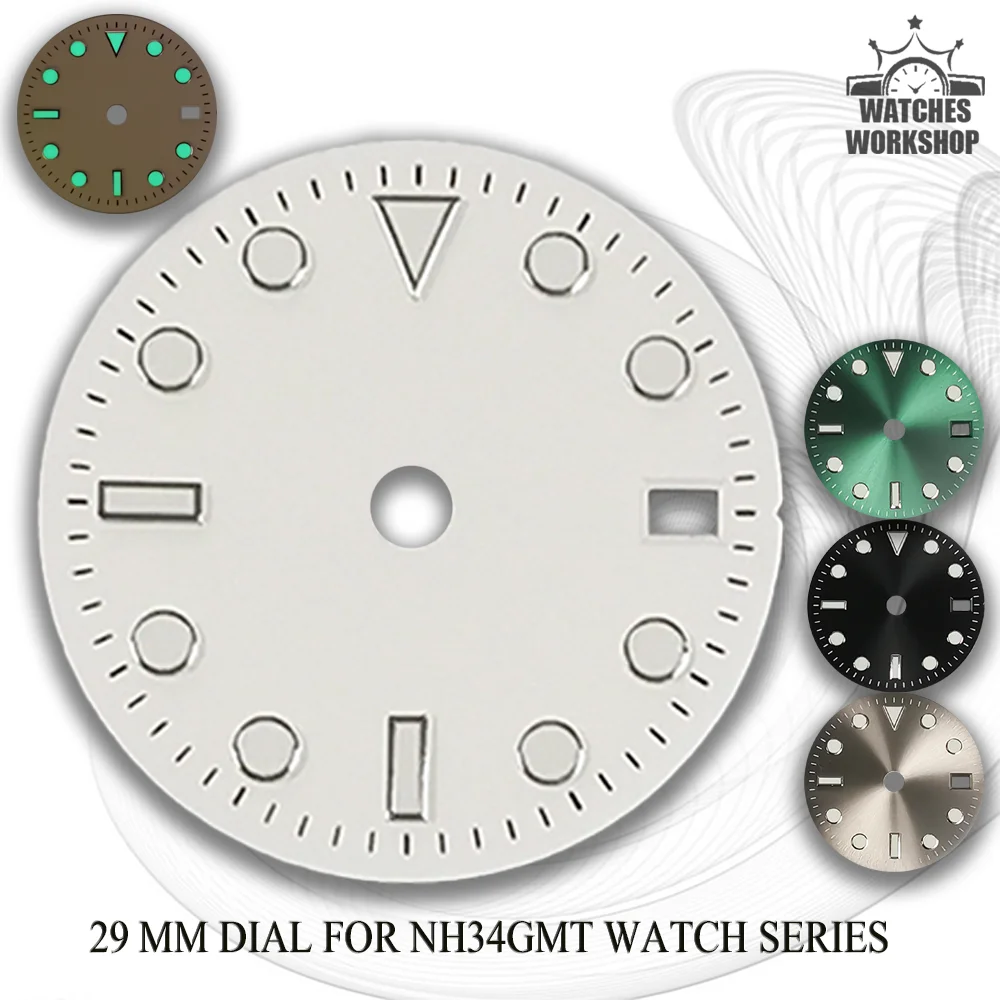 29mm GMT Multiple Color Watch Dial Date Window Green Luminous Fit NH34 GMT Movement Watch Mod Accessories